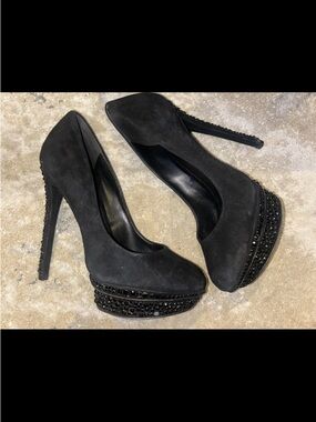 Brian Atwood Black Suede Platform Stiletto Pumps Crystal Embellished Platform